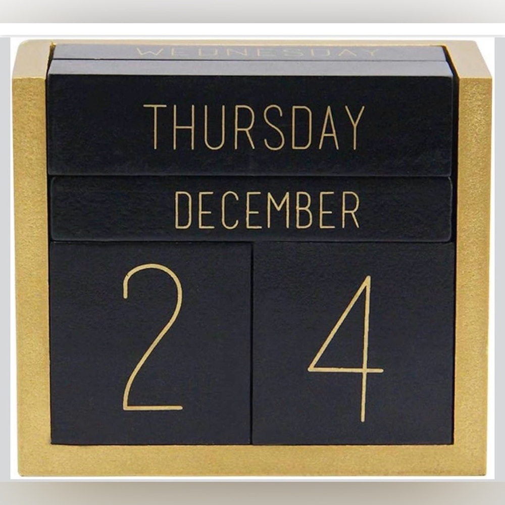 Elegant Wooden Block Perpetual Calendar | Black & Gold | New